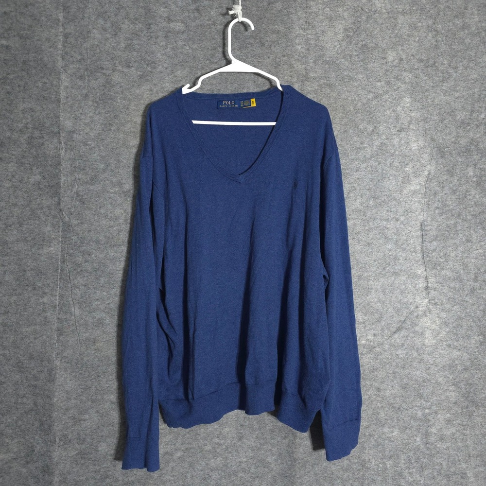 Polo Ralph Lauren V-Neck Sweater Mens XXL Blue Cotton Pony Logo Long Sleeve Knit
